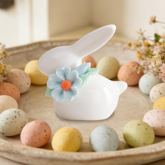 Uandlove Easter Bunny Figurines for Home Decor, Light Blue Ceramic Rabbit Statue with Bowknot for Living Room Shelf, Cute Spring Table Centerpiece, Small Gift for Gi-rls