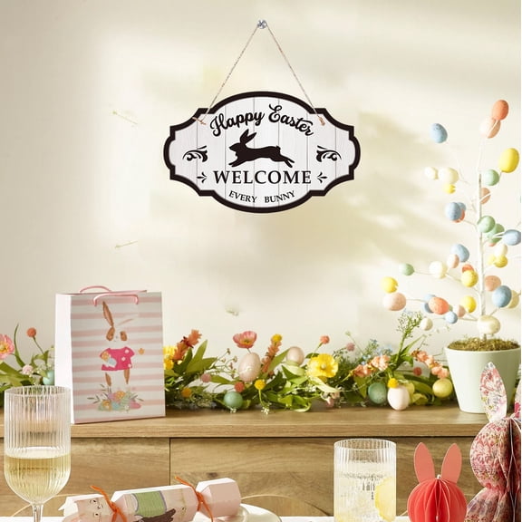 Uandlove Easter Bunny Wooden Wall Hanging with Eggs, Large 10 Inch Colorful Hand-Painted Spring Decor for Home Door Wall