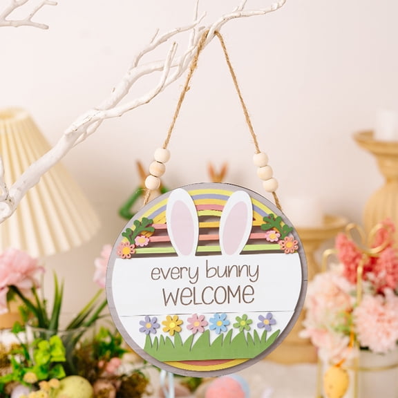 Uandlove Easter Door Hanger Wooden Sign, 3D Layered Colorful Bunny & Flowers Spring Welcome Sign for Front Door Wall Decor, Ready to Hang