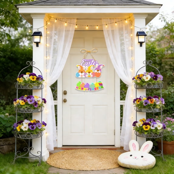 Uandlove Easter Door Hanger with Colorful Bunnies, Spring Party Scene Paper Decoration for Door Wall Window, Ready-to-Hang Holiday Home Decor