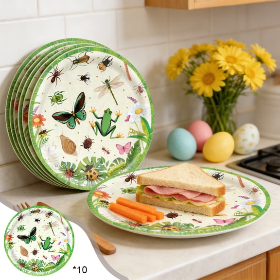Uandlove Easter Paper Plates 9 Inch - 10 Pack Disposable Party Supplies for Easter Spring, Bug Insect Theme Ki-ds Birthday, Picnic, Grease Resistant