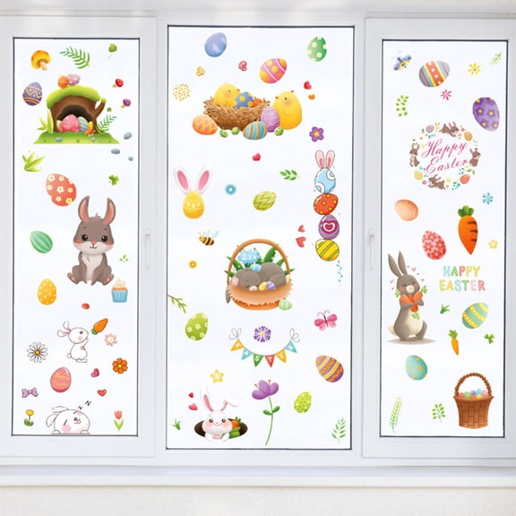 Uandlove Easter Static Clings 9-Piece Set, Removable Window Stickers with Bunnies & Eggs for Home Store Decor