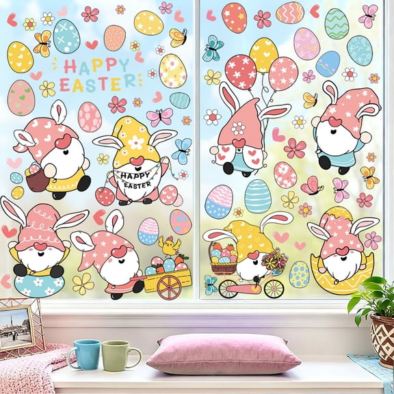 Uandlove Easter Window Clings 9-Piece Set, Cute Bunny Tree Static Cling Decals, Removable Reusable No Residue Decor for Glass Door and Home