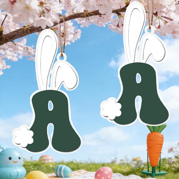 Uandlove Easter Wooden Ornament, Bunny Ear Letter A Hanging Sign for Home Wall Door Decor, Spring Party Gift, Multicolor Rustic Easter Bunny Decoration