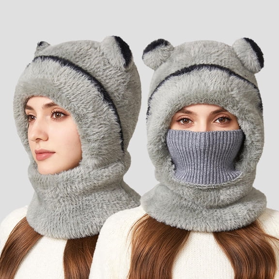 Uandlove Fleece Lined Beanie for Adults, Warm Windproof Winter Hat with 3D Bear Ears, Integrated Face Covering & Neck Wrap, Adjustable 22-22.8in, Neutral Gray