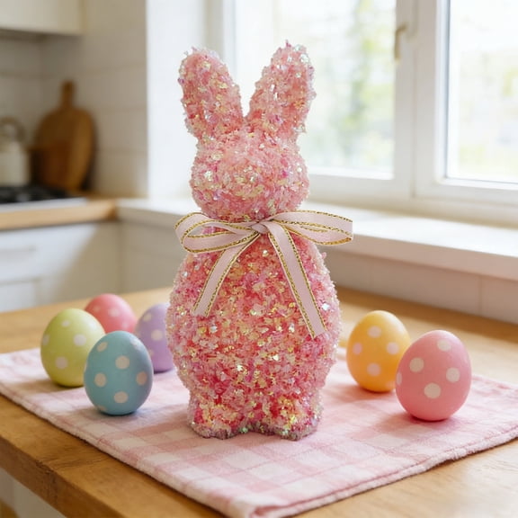 Uandlove Flocked Easter Bunny Decorations 6 Inch Spring Rabbit Figurines for Table Blush Pink Farmhouse Centerpiece Cute Foam Statues Indoor Home Mantle Party Favor