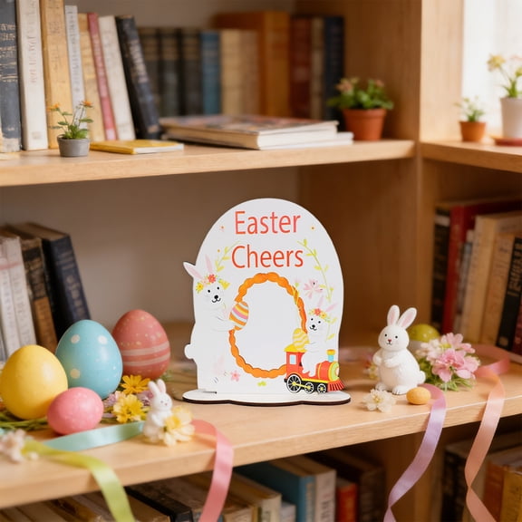 Uandlove Hand Painted Wooden Easter Bunny Decor with Eggs, Rustic Tabletop Centerpiece for Easter, Spring Home Desktop Shelf Ornament