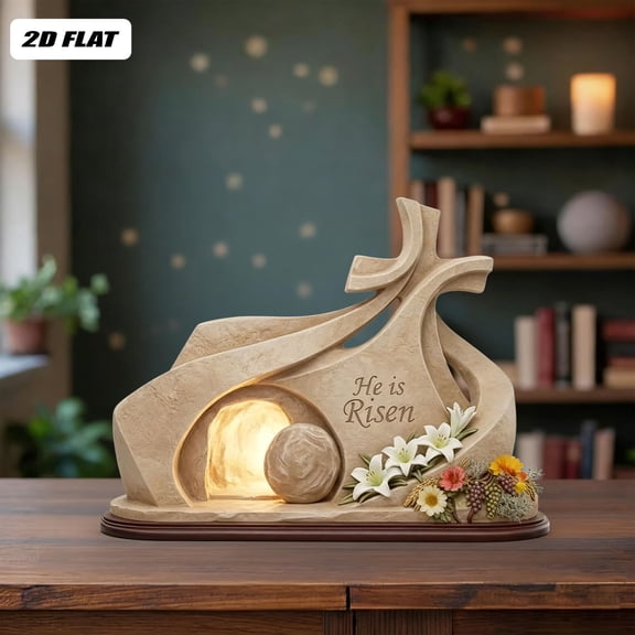Uandlove He Is Risen Wooden Empty Tomb Easter Decor, Religious Resurrection Scene with Three Crosses for Tabletop Mantel Shelf