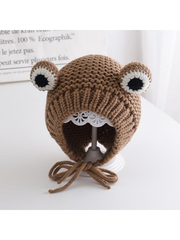 Ki-ds Frog Eyes Winter Beanie - Adjustable Warm Polyester Knitted Hat for Fall Winter Daily Wear