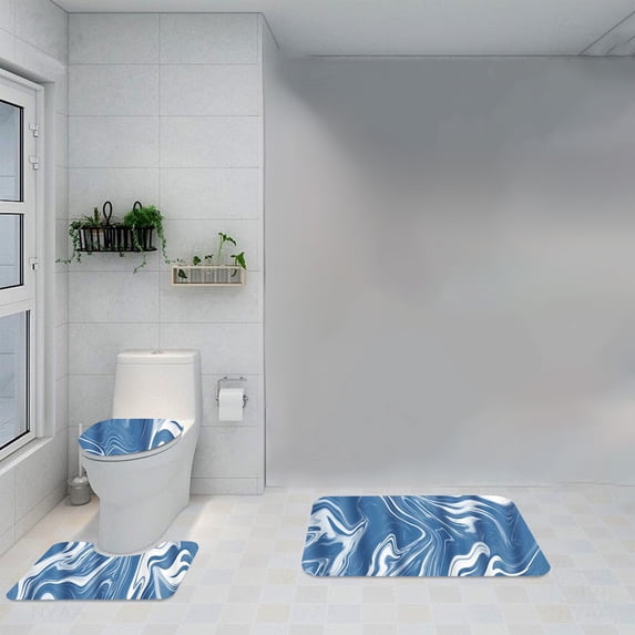 Uandlove Blue Marble Bath Mat Set 3 Pieces, Non-Slip Microfiber Toilet Mat and Cover Set, Washable Bathroom Rugs with U-Shaped Contour Mat for Bathroom Floor Decor