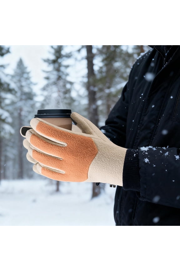 Men's Winter Fleece Gloves - Touchscreen Compatible Non-Slip Wind Resistant, Adjustable Wrist Full Finger Beige Medium Size for Commuting Outdoor Errands