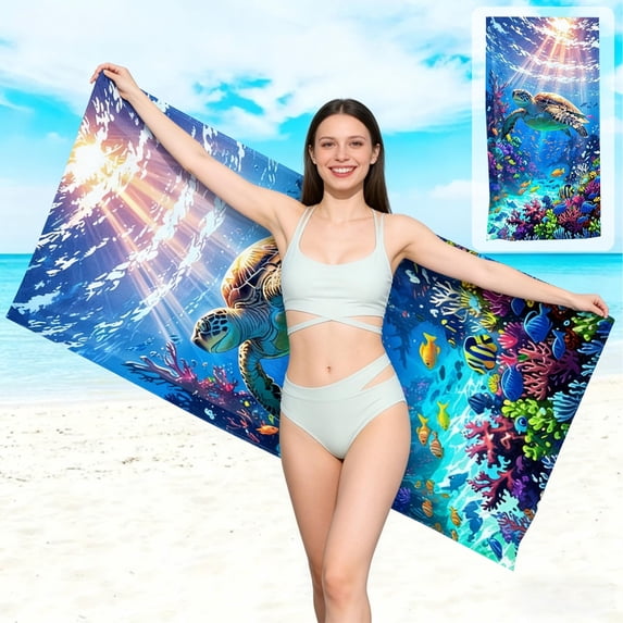 Uandlove Microfiber Beach Towel Quick Dry, Large 66.9"x29.5" Oversized Travel Towel Lightweight, Turtle Print Ultra Absorbent Fast Drying for Swimming Surfing Gym
