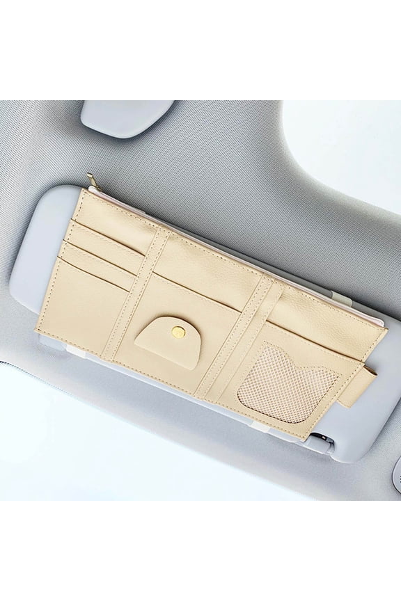 PU Leather Car Sun Visor Organizer with Sunglass Clip Multi-Pocket Document Card Holder Auto Interior Storage Pouch for Driver License Pen Glasses Road Trip Essentials