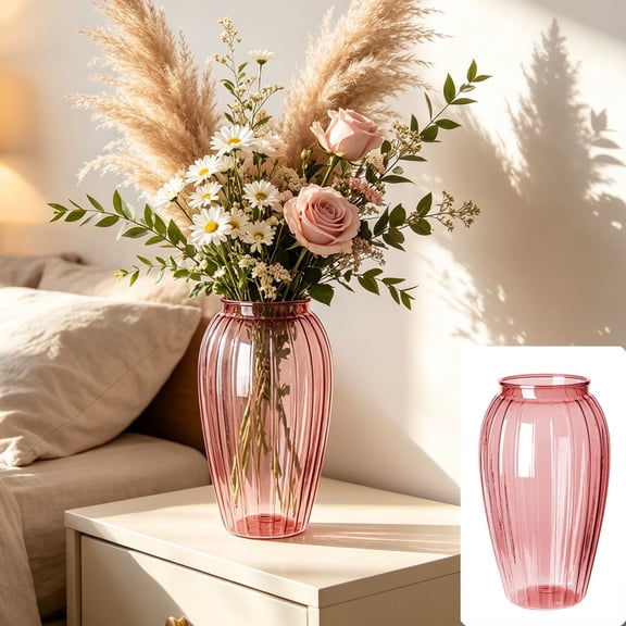 Uandlove Pink Plastic Vase with Oval Striped Design,8.66in Decorative Flower Vase for Living Room Bedroom Desktop Bookshelf,1 Piece