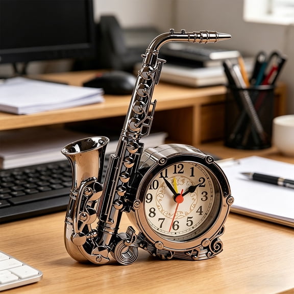 Uandlove Saxophone Shaped Alarm Clock, Vintage Table Clock with Silent Sweep Quartz Movement, Battery Operated Decorative Desk Clock for Bedroom Office, Gift for Music Lovers