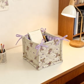 Uandlove Small Storage Basket, Quilted Cotton Collapsible Organizer Bin with Teddy Bear Pattern for Desk, Bathroom, Dorm Room Organization, Purple