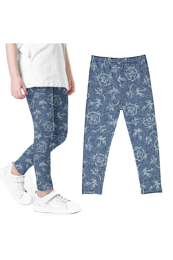Uandlove Spring Summer Girls Printed Pants, High Waist Stretchy Soft Tights Kids Leggings For School Wearing Blue 3T