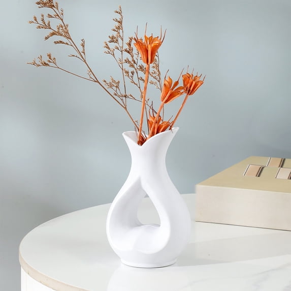Uandlove Unbreakable Plastic Vase Ceramic Look Small Tabletop Flower Vase for Bookshelf Coffee Table White Modern Decor Wedding Centerpiece Housewarming Gift
