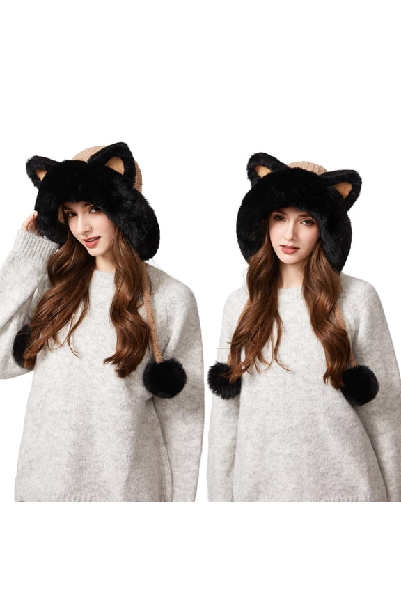 Women's Cat Ear Fleece Lined Knit Hat, Two Tone Windproof Winter Beanie with Adjustable Fluff Ball Ties, One Size (22-23.6in) for Daily & Outdoor Use