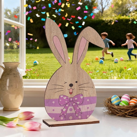 Uandlove Wooden 3D Easter Bunny and Egg Table Decorations, Purple Assembled Ornament for Easter Party Home Decor Centerpiece