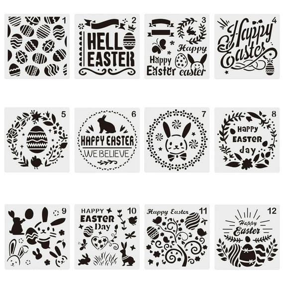 Uani 12Pcs Easter Painting Stencil Set Clearance 12-Piece Reusable PET Plastic Hollow Painting Templates for DIY Crafts Cake Cookie Decoration Card Making Bunny Chick Egg Design Spring Holiday Art