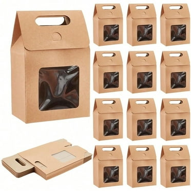 Uanit 24 Packs 2.28x3.90x5.98 Inch Brown Kraft Paper Box with Clear Windows Foldable Paper Gift Box Goodies Candy Box Dessert Box for Party Wedding Bakery Packaging Christmas