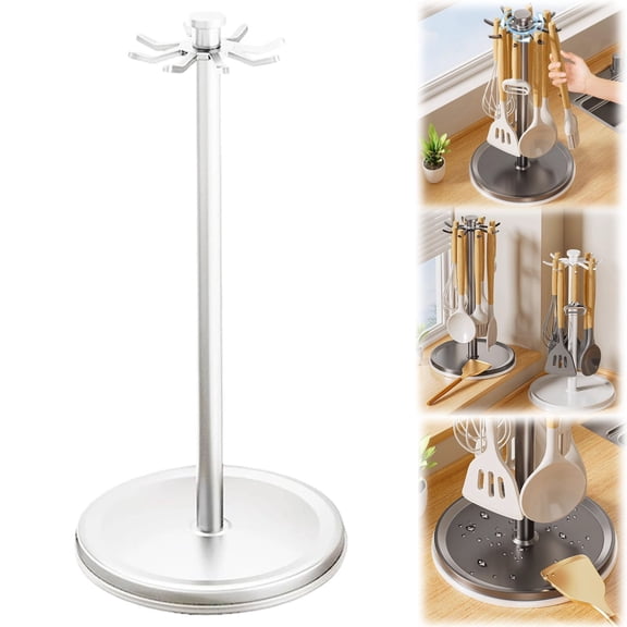 Uanit 360° Rotatable Kitchen Utensil Holder - Countertop Organizer Rack with 8 Hooks, Space Saving Tool Organizer for Cooking Spatulas Spoons, Durable Stainless Steel Base