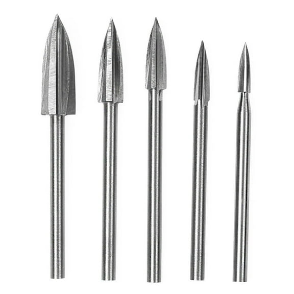 Uanit 5 Piece White Steel Three Edged Woodworking Milling Cutter Set Burr Carving Tools Wood Engraving Chamfer Drill Bit Root Head Point Cutter