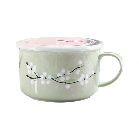 Uanit Ceramic Plum Blossom Instant Noodle Bowl with Lid Rice Handle Household Student Lunch Box Sealed Soup Ceramic Bento Bowl
