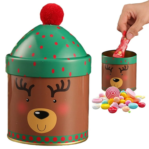 Uanit Christmas Snack Storage Box with Santa & Snowman Pattern Design, Multicolor Round Hat Shaped Metal Cylinder Container for Candy Jar and Holiday Decoration Use with Airtight Seal