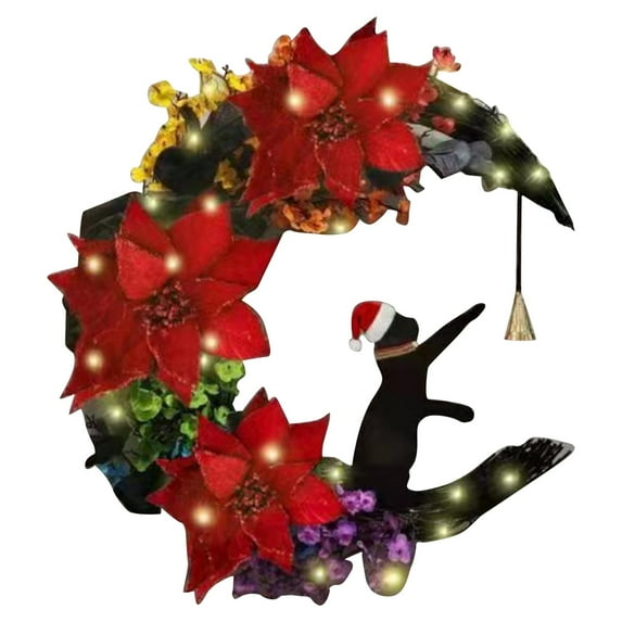Uanit Creative Moon Cat Garland Farmhouse Wreaths for Front Door Wall Ornament Wreath with Flowers Rose Decorations Indoor Outdoor Window