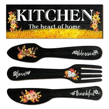 Uanit Kitchen Knife and Fork Wooden Pendant Double Door Sign 4 Pcs Personalized Wood Signs Scene Directions Pantry Wall Decor Welcome Decoration Sign