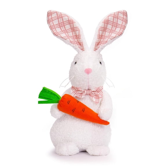 Uanit Reusable Plaid Design Easter Standing Plush Bunny Ornament with 3D Carrot and Daisies - Multi-functional Durable Spring Home Desktop Decoration & Photo Props