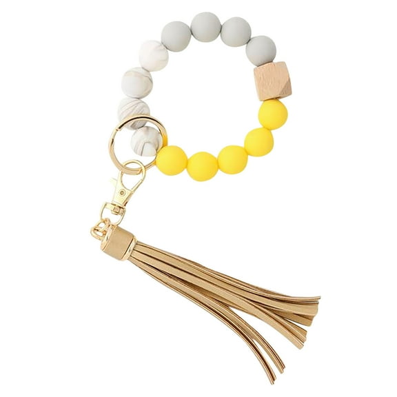 Uanit Silicone Key Ring Bracelet Wristlet Keychain Unique Beaded Bangle Key Chains with Leather Tassel Women Car Key Chain Ring