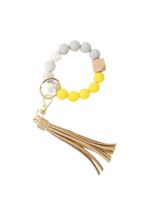 Silicone Key Ring Bracelet Wristlet Keychain Unique Beaded Bangle Key Chains with Leather Tassel Women Car Key Chain Ring