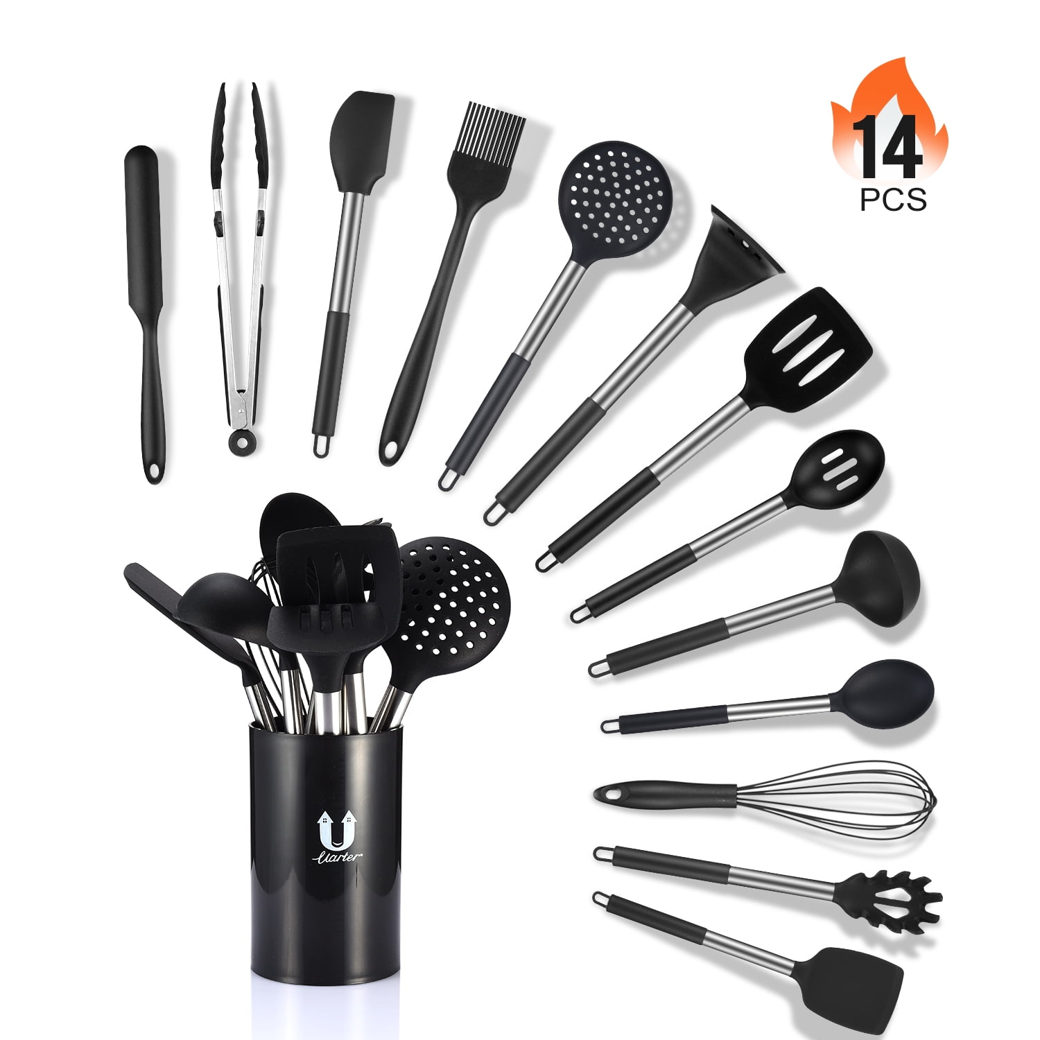 Uarter 14-Piece Kitchen Utensil Set, Silicone and Stainless Steel Kitchen  Utensils Home Kitchen Tools and Gadgets with Storage Bucket 