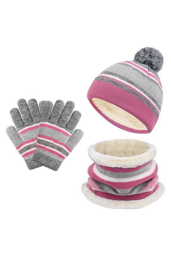 3 Pcs Kids Hat Scarf Gloves Set Warm Knitted Winter Set with Fleece Lining for 3-6 Years Old Girls,Pink