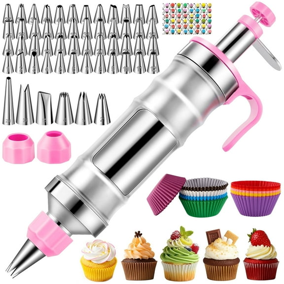 Uarter 164PCS Dessert Decorating Syringe Set, Stainless Steel Frosting & Icing Piping Kit with 6 Tips and 9 Silicone Cupcakes,3 Cream Scraper for Cake Decorating Tools Cupcake Decorating Kit,Pink
