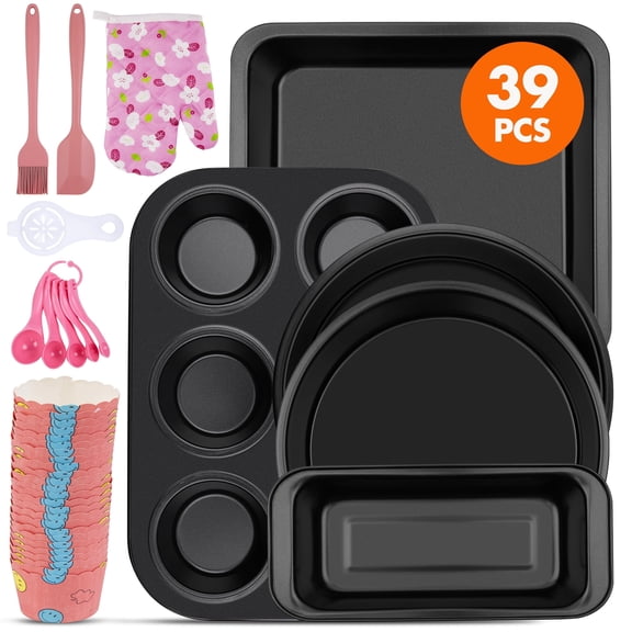 Uarter Bakeware Set, 39 PCS Carbon Steel Non-Stick Baking Pan Set, Baking Sheet for Kitchen, Muffin Pan & Loaf Sheet & Cake Pan, Oven Safe up to 446℉, Black