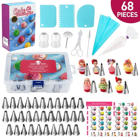 Uarter 68 Pcs Cake Decorating Kit, Cake Decoration Supplies with 32 Numbered Icing Tips, 7 Korean Piping Tips, 21 Pastry Bags, 3 Cream Scrapers Baking Tools for Cake Lovers