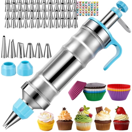 Uarter 164PCS Dessert Decorating Syringe Set, Stainless Steel Frosting & Icing Piping Kit with 6 Tips and 9 Silicone Cupcakes,3 Cream Scraper for Cake Decorating Tools Cupcake Decorating Kit,Blue