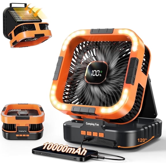 Uarter Solar Fan, 10000mAh Rechargeable Camping Fans with Light, 6 Speeds Wind, 6H Timer Auto Oscillating Portable Fan, for Picnic, Tent, Orange