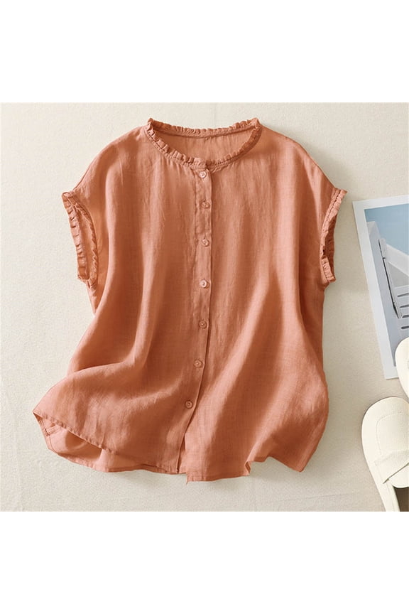 100% Cotton Sleeveless Tops for Women Casual Crew Neck with Frill Trim Summer Loose Fit Top