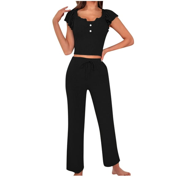 Uaswgudfs 2 Pack Womens Cotton Pajama Sets Ruffle Short Sleeve Tops Looes Jogger Pants Fashion Lounge Sets Soft Loungewear Pj Set 2025