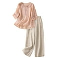 thumbnail image 1 of Uaswgudfs 2 Piece Outfits for Women Summer Cotton Linen Casual Matching Set 3/4 Sleeve Embroidered Tops and Capri Pants Pink XL, 1 of 8