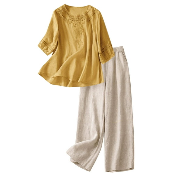 Uaswgudfs 2 Piece Outfits for Women Summer Cotton Linen Casual Matching Set 3/4 Sleeve Embroidered Tops and Capri Pants Yellow M