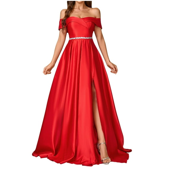 Uaswgudfs 2024 Summer Women's Satin Off Shoulder formal Dress Wedding Guest Elegant Split Flowy Cocktail Prom Maxi Dresses Red, L