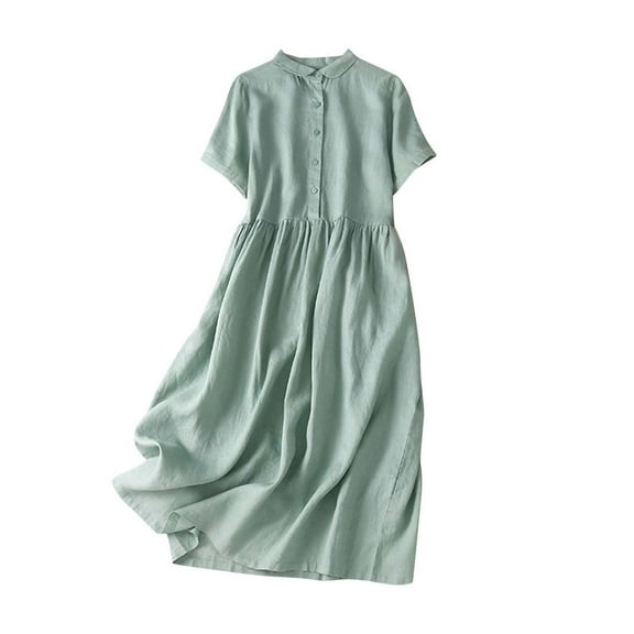 Uaswgudfs ​2025 Button-Front A-Line Dress - Women's Breathable Short Sleeve Midi Design for Casual Sophistication Green M