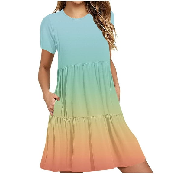 Uaswgudfs 2025 Casual Women's A-Line Tiered Ruffle Midi Dress - Summer Short Sleeve Round Neck with Breathable Fabric for Daily Wear Blue L