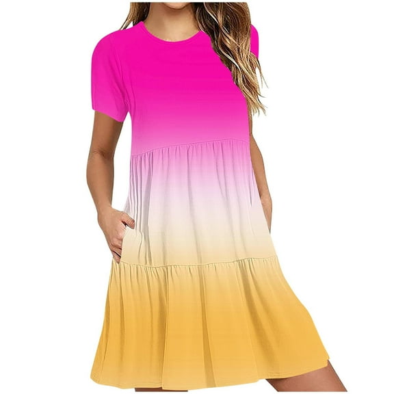 Uaswgudfs ​2025 Casual Women's A-Line Tiered Ruffle Midi Dress - Summer Short Sleeve Round Neck with Breathable Fabric for Daily Wear Hot Pink 2XL